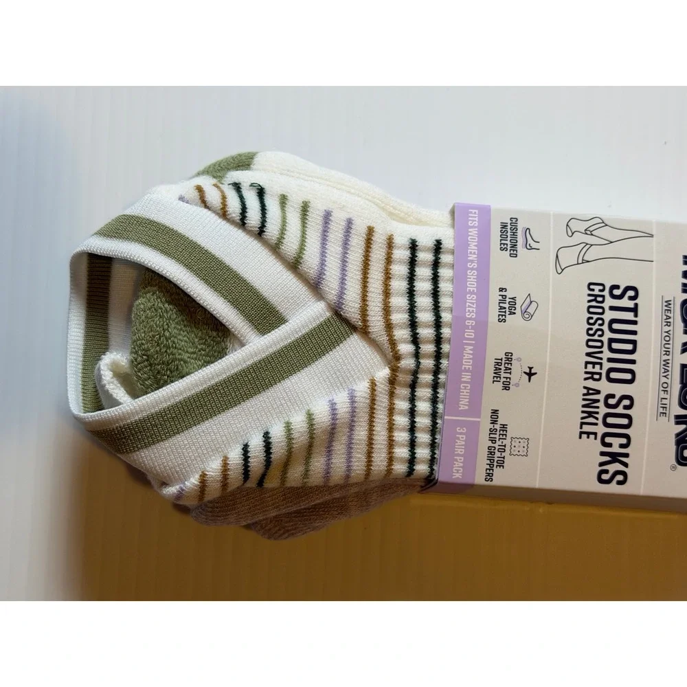 MUK LUKS Studio Socks Crossover Ankle Green Purple Striped Yoga Pilates 6-10